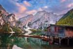 sunset, lake, alpine, autumn, mountains, boat, hut, dolomites, italy, 2018, Italy, photo