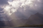 sunbeams, mountain, fjord, storm, clouds, village, lofoten, norway, 2013, Norway, photo