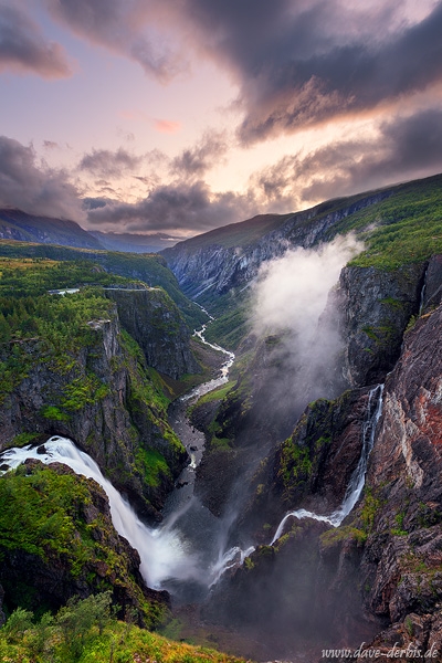 sunset, waterfall, stream, mountain, valley, canyon, norway, 2019, photo