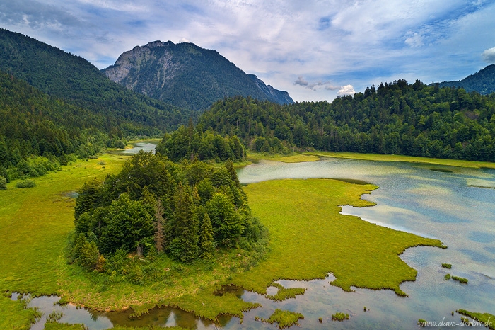 mountains, alps, lake, stream, river, island, drone, aerial, germany, 2018, photo