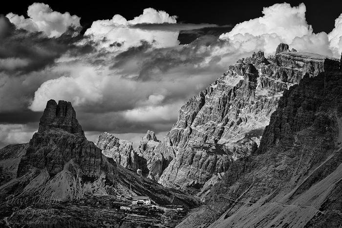 mountain, dolomites, storm, clouds, hut, bnw, italy, 2011, photo