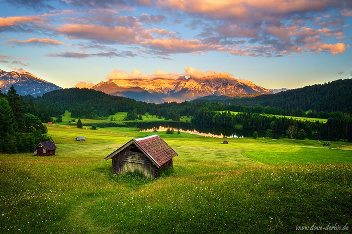 sunset, meadow, mountains, bavaria, lake, alpenglow, summer, germany, 2021, photo