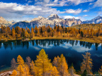autumn, foliage, mountains, lake, dolomites, fall, reflection, mirror, october, alps, italy, 2025