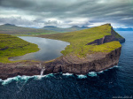 Bøsdalafossur Photo aerial, waterfall, cliff, lake, mountains, village, drone, ocean, coast, north, faroe islands, 2025, The Great North, photo