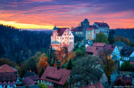 castle, autumn, fall, sunset, blue hour, fairytale, valley, mountains, saxon switzerland, germany, 2024, photo