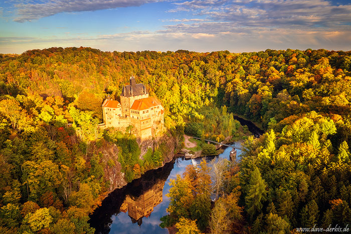 castle, fall, autumn, drone, aerial, forest, river, saxony, germany, 2022, photo