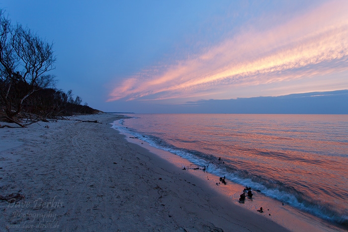 sunset, beach, baltic sea, pink, clouds, ocean, shore, germany, photo