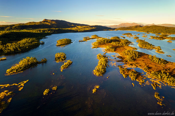 sunset, golden hour, drone, aerial, lake, island, forest, mountain, norway, 2022, photo