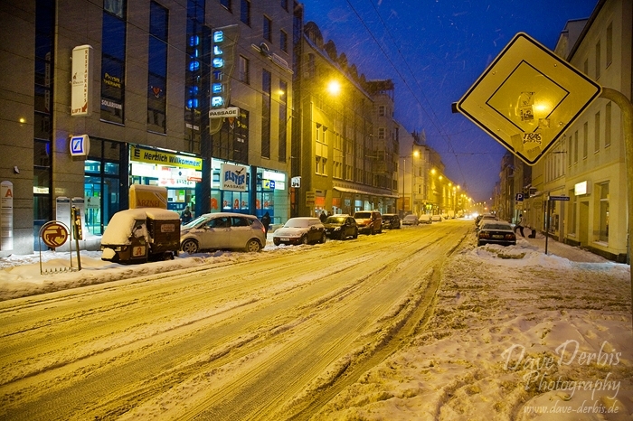 leipzig, city, blue hour, street, roadshot, winter, snow, sachsen, saxony, germany, photo