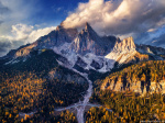 mountains, alps, dolomites, autumn, fall, foliage, forest, tree, storm, road, golden hour, sunset, italy, 2025, photo