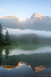 sunset, mountain, lake, fog, rain, forest, reflection, alps, germany, 2018, photo