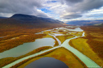 aerial, drone, wilderness, autumn, forest, river, light, foliage, sweden, 2024, photo