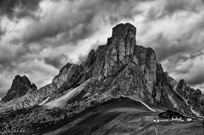 mountains, hut, storm, clouds, dolomites, italy, bnw, 2011, photo