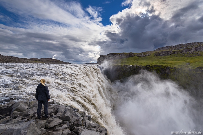 waterfall, falls, highlands, dettifoss, river, spray, person, iceland, 2016, photo