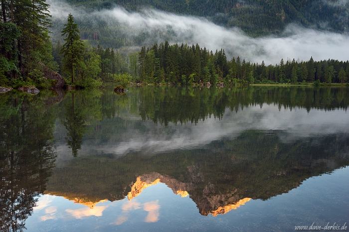 sunset, mountain, lake, fog, rain, forest, reflection, alps, germany, 2018, photo