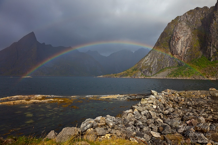 norway, lofoten, reine, rainbow, fjord, rain, mountain, 2013, photo