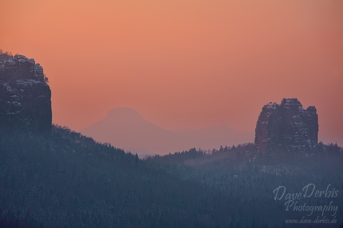 winter, sunset, glow, snow, saxon switzerland, saxony, germany, 2010, photo