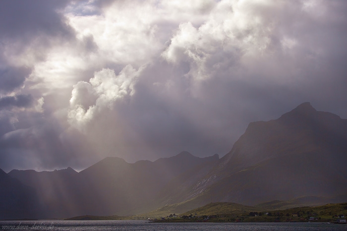 sunbeams, mountain, fjord, storm, clouds, village, lofoten, norway, 2013, photo