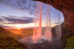 sunset, sun, waterfall, cliff, cave, coast, iceland, 2016, Iceland, photo