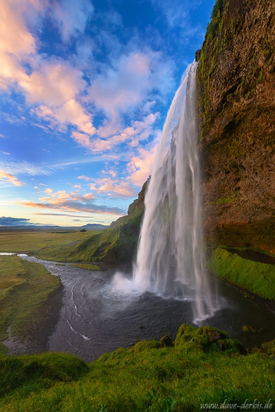 sunset, waterfall, cliff, cave, falls, coast, iceland, 2016, photo