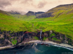 Skarðsáfossur Photo aerial, waterfall, cliff, mountains, moody, sunset, drone, ocean, coast, north, faroe islands, 2025, The Great North, photo