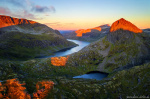 sunset, mountains, lake, summit, rugged, alpenglow, drone, aerial, norway, 2022, Norway, photo
