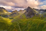 mountain, drone, sunset, golden hour, wilderness, aerial, alpine, norway, 2019, Norway, photo