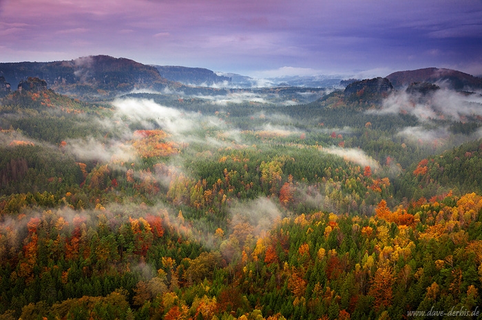 autumn, clouds, valley, sunset, fog, national park, saxony, forest, germany, photo