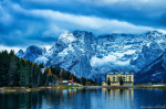lake, reflection, alps, mountains, dolomites, blue hour, hotel, mirror, italy, 2025, photo