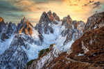 mountains, alps, sunset, snow, winter, peaks, mordor, rugged, person, dolomites, italy, 2025, photo