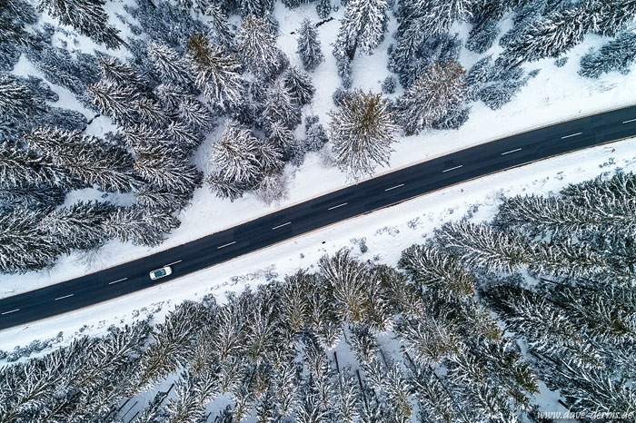 harz, winter, snow, roadshot, forest, drone, aerial, from above, topdown, germany, 2021, photo